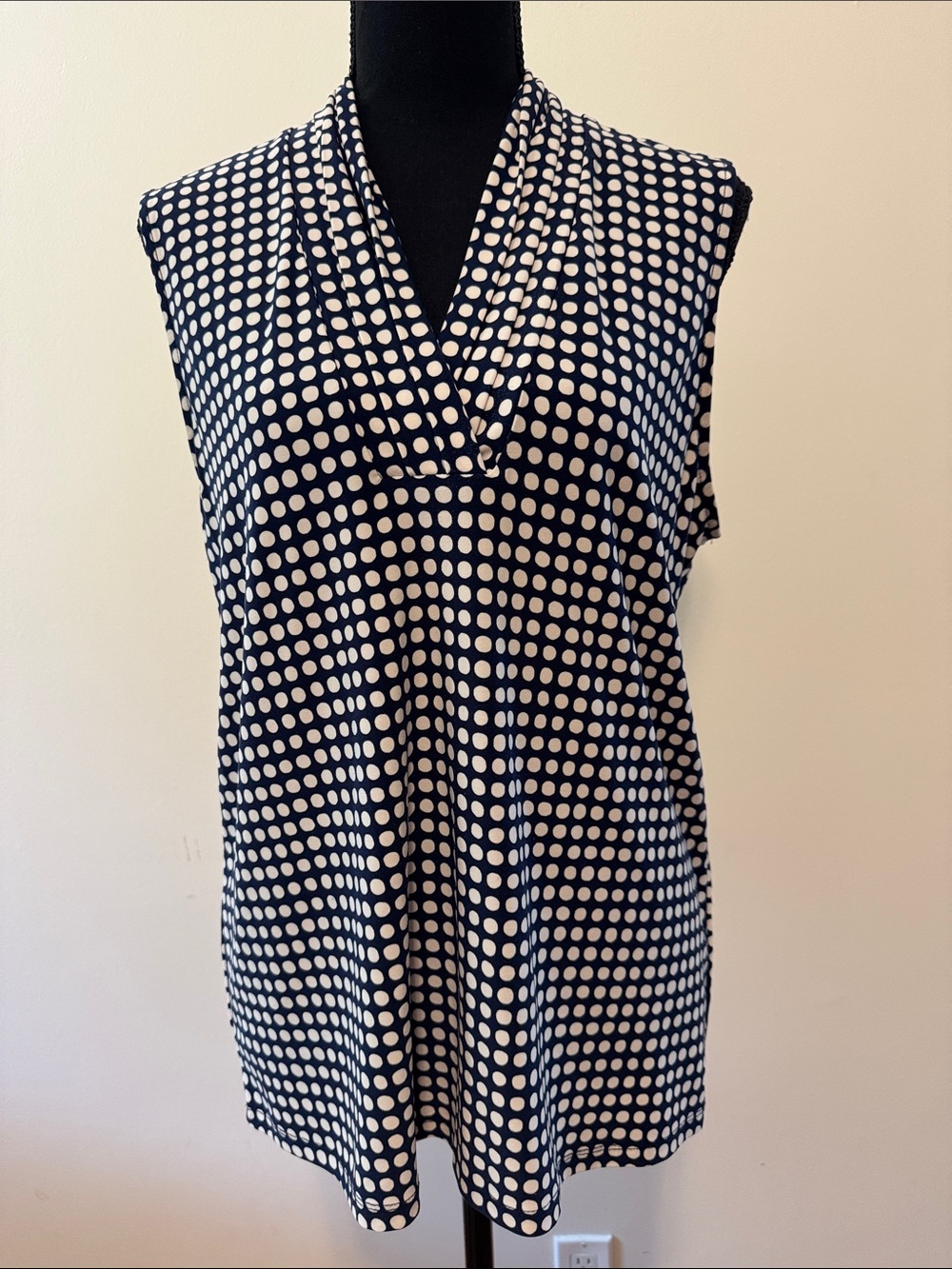 Anne Klein Navy and White Polka Dot Sleeveless V-Neck Camisole